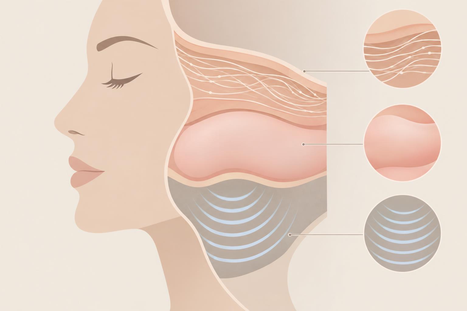 Abstract cross-section illustration of a face profile comparing fine threads under the skin, a soft volume shape and deeper wave patterns