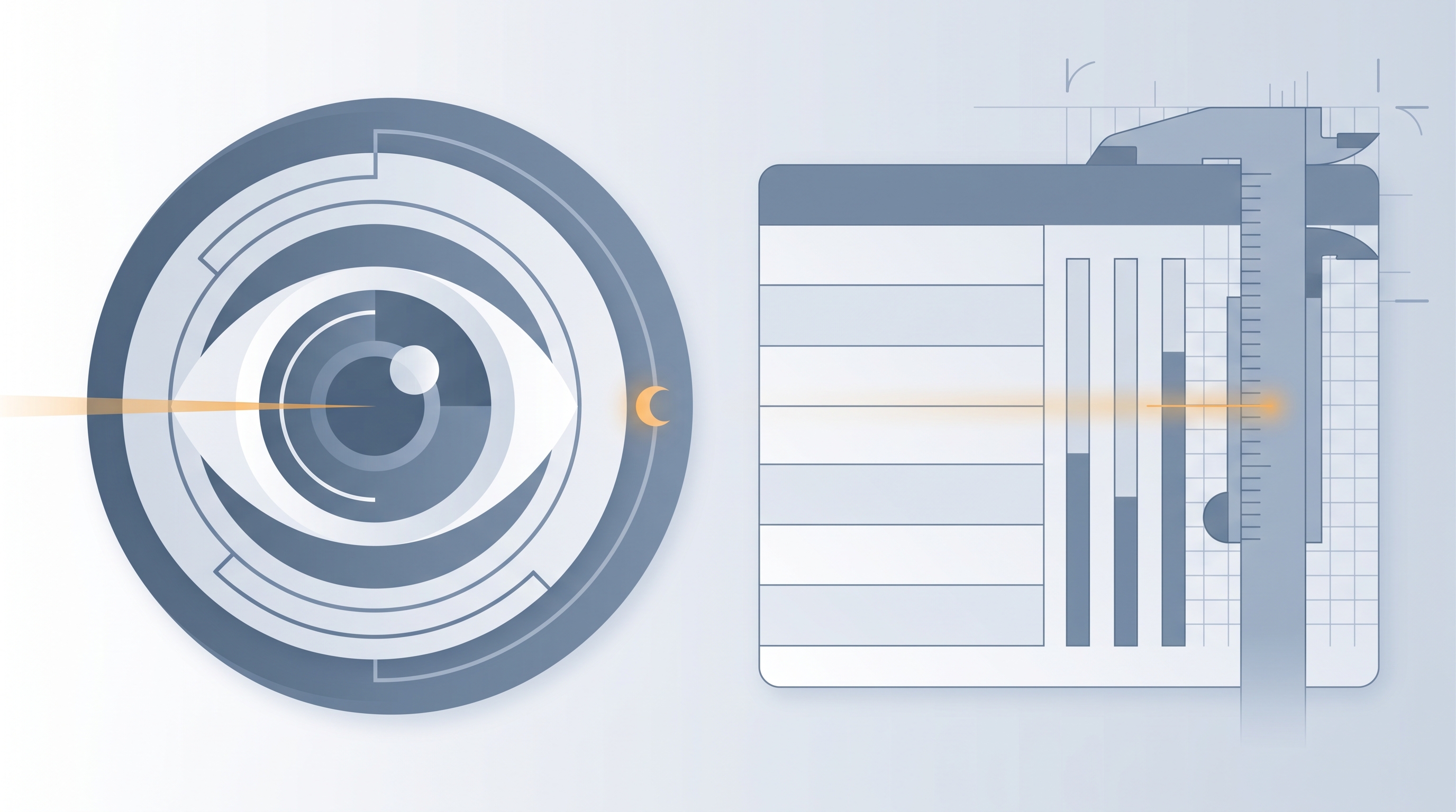 Abstract illustration of a stylised eye drawn as concentric rings with a narrow light beam entering at an angle, beside a blank schematic specification panel with measurement bars.