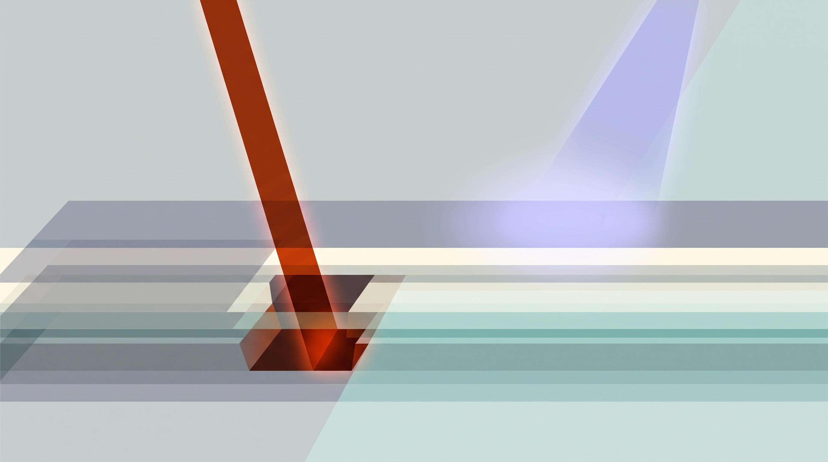 Conceptual illustration of two coloured laser beams entering layered translucent planes: a warm amber beam cutting narrow deep channels and a cool violet beam spreading through only the top layer.