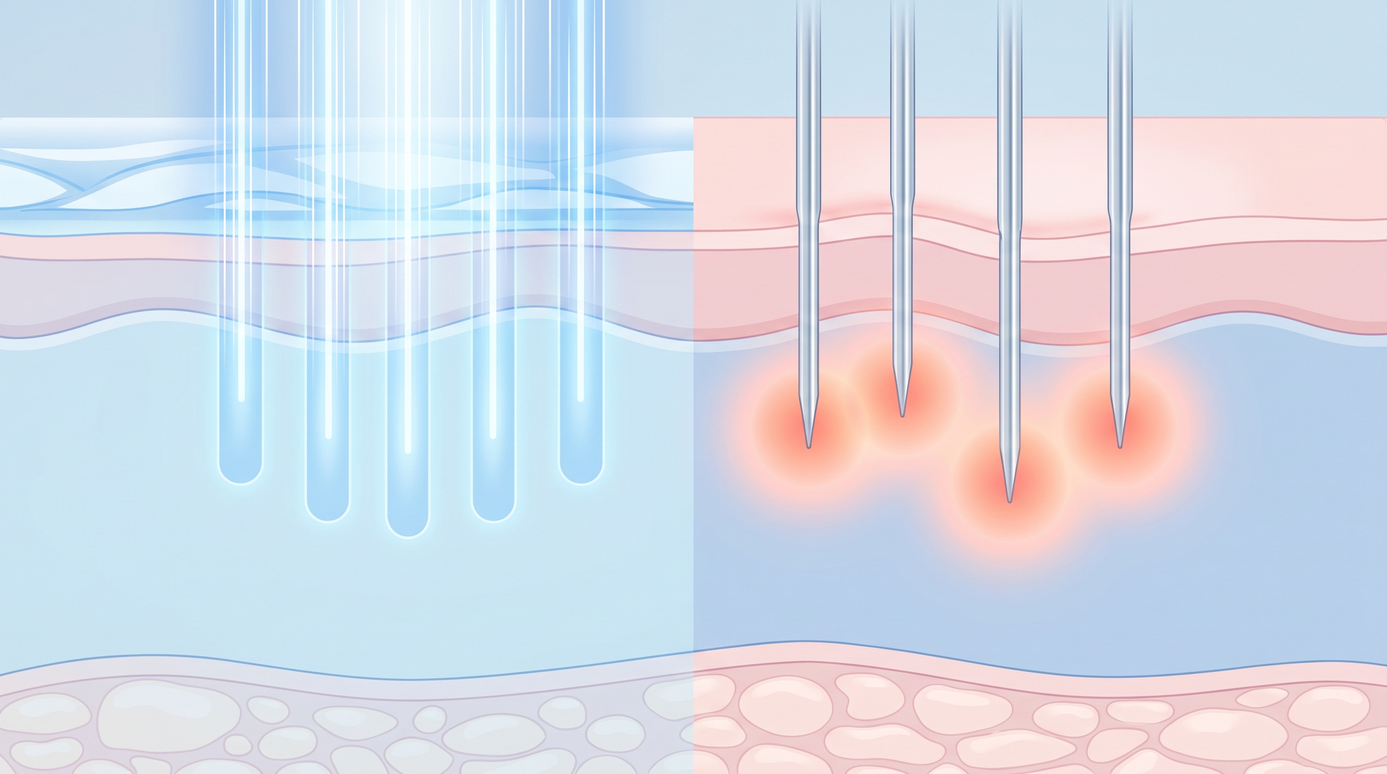 Illustrated skin cross-section comparing light beams creating shallow columns in the upper dermis with microneedles delivering glowing heat zones deeper in the dermis beneath an intact surface