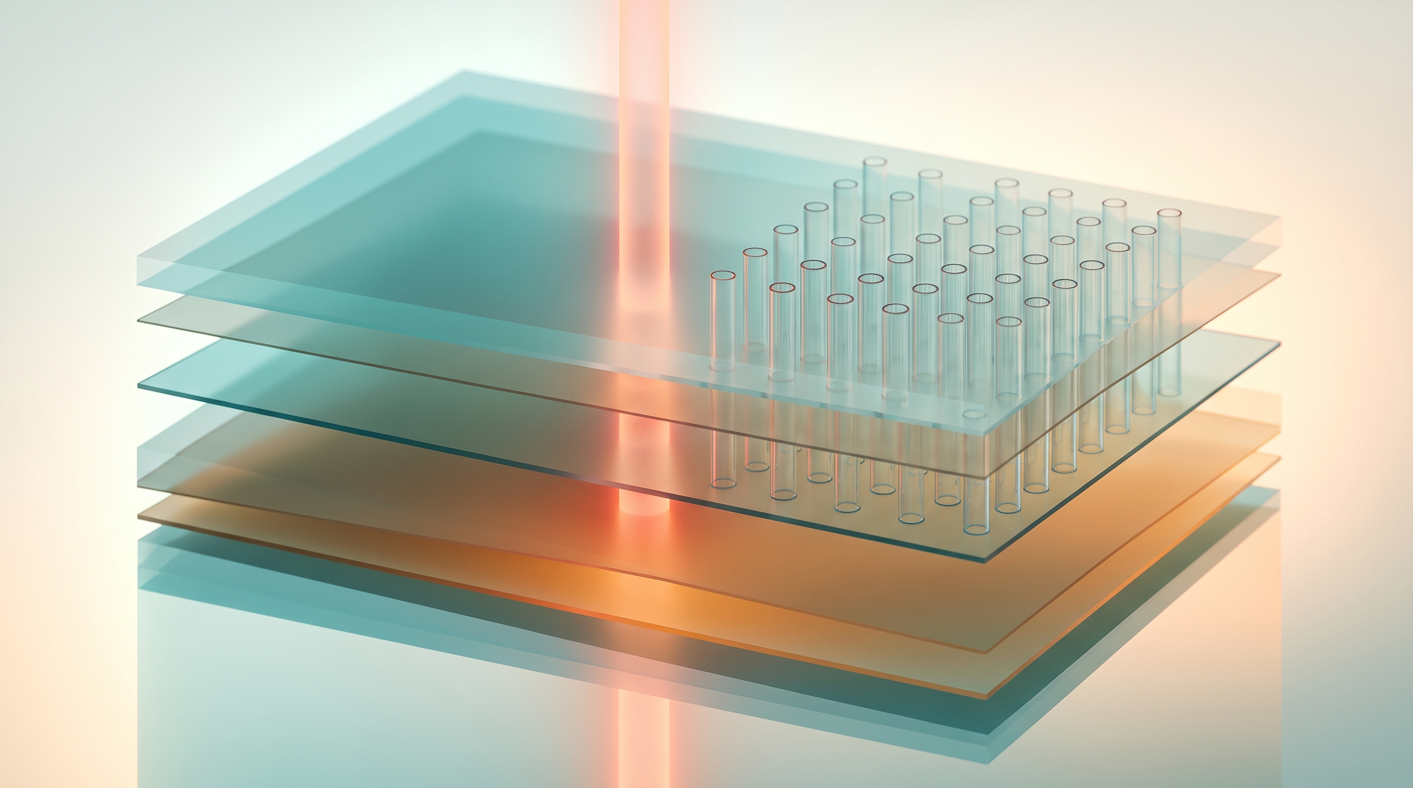 Abstract illustration of layered translucent teal and amber tissue planes with a narrow column of focused light descending through them beside an evenly spaced grid of slender cylindrical voids.
