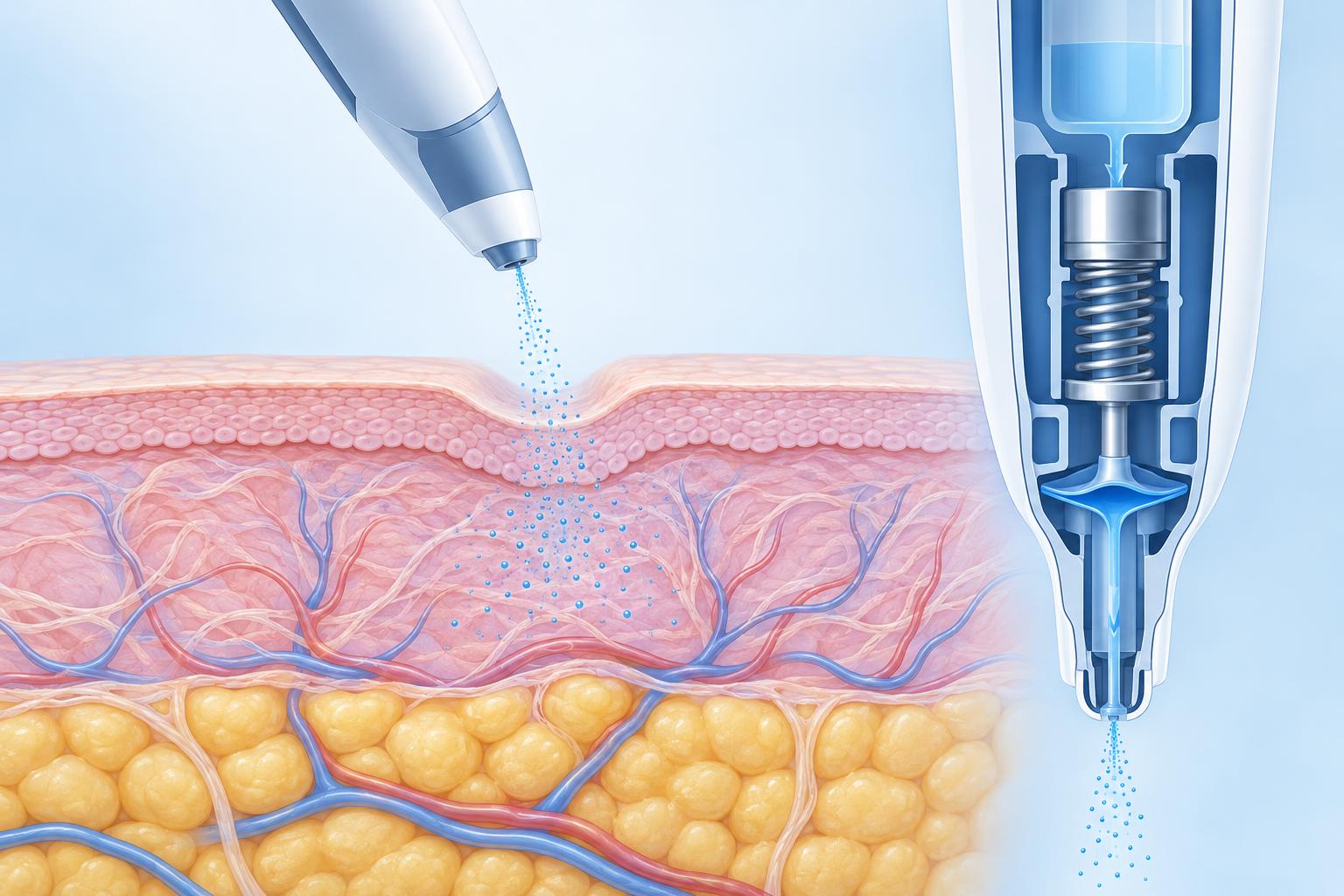 Illustrated cross-section of skin layers with a handheld nozzle above a shallow scar depression, a fine droplet stream entering the dermis, and a simplified cutaway of a coil and piston mechanism