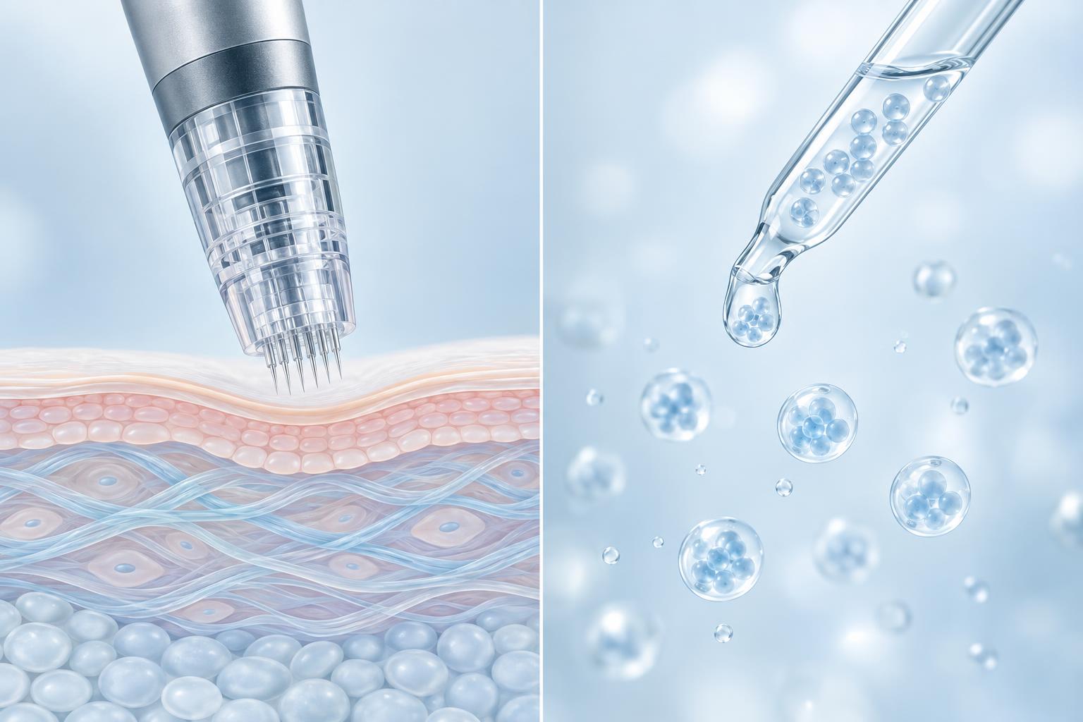 Illustration of a microneedling handpiece tip above a stylized skin cross-section on one side and a glass dropper holding translucent spherical vesicles on the other, separated by a thin dividing line