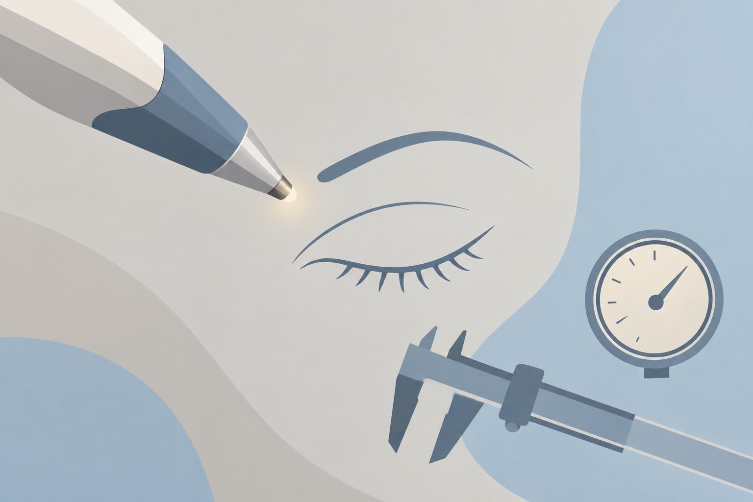 Illustration of a stylized handheld device tip next to an outline of a closed eye, with a caliper and a measurement gauge drawn as simple geometric shapes on a soft neutral background.