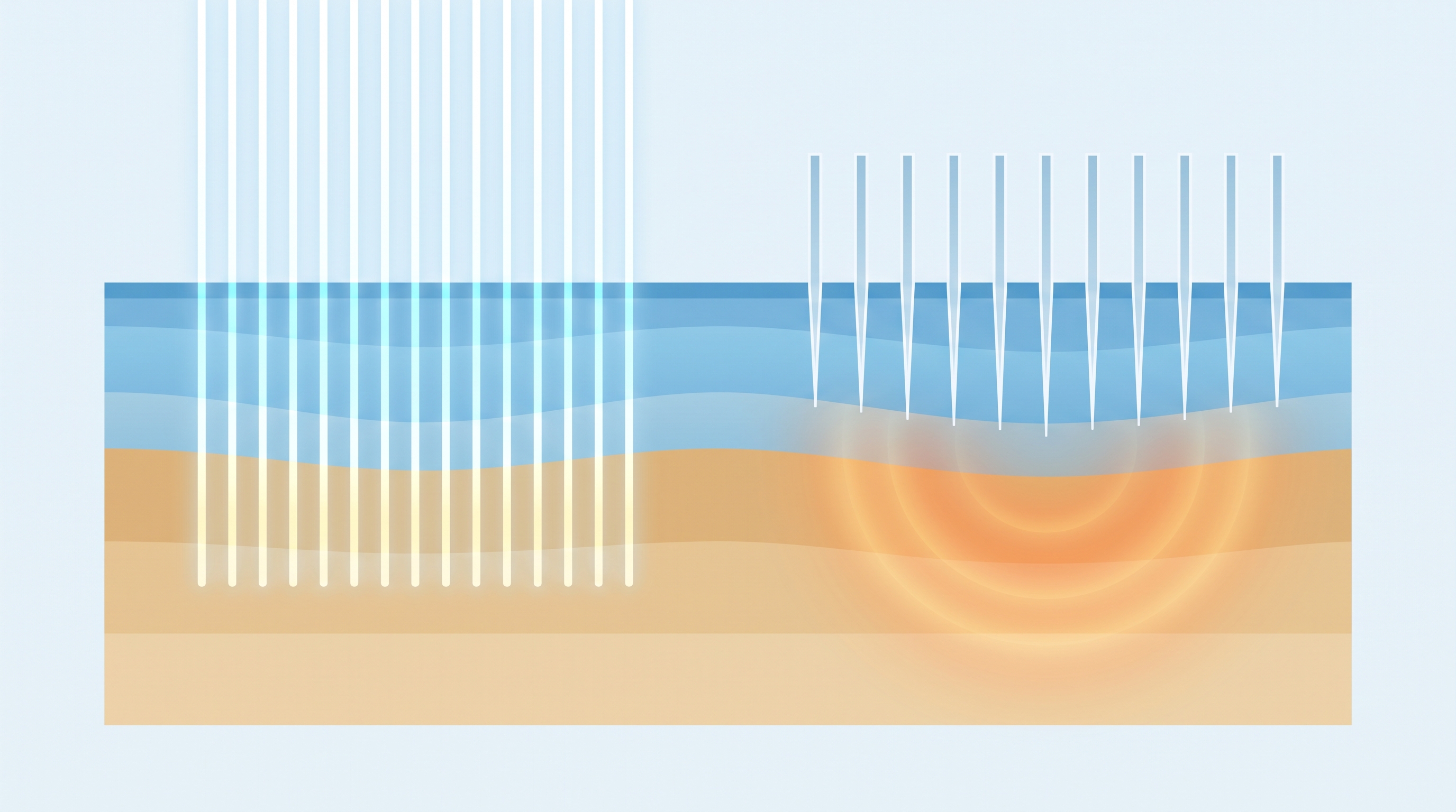 Abstract flat-vector cross-section of layered skin: on the left, a grid of narrow vertical light columns descends through the upper layers; on the right, fine needle shapes release soft radiating warmth in the deeper layer while the surface stays intact.